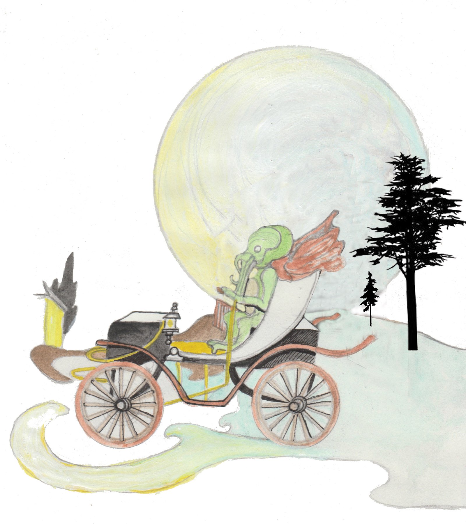 Cthulu in jalopy with moon in background and pine trees.