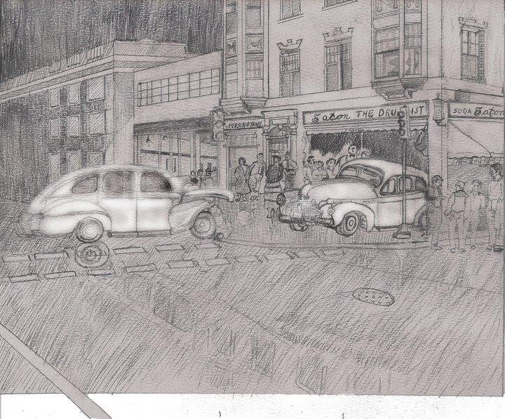 Car Accident in front of Eaton Drugs drawing