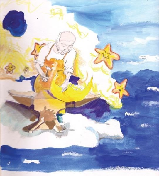 Man on a clud hammeing out stars and a crescent moon