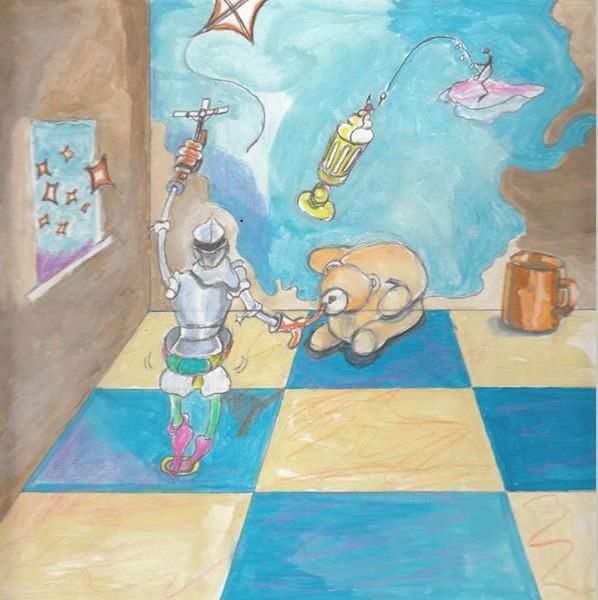 Guff and knight in surreal room