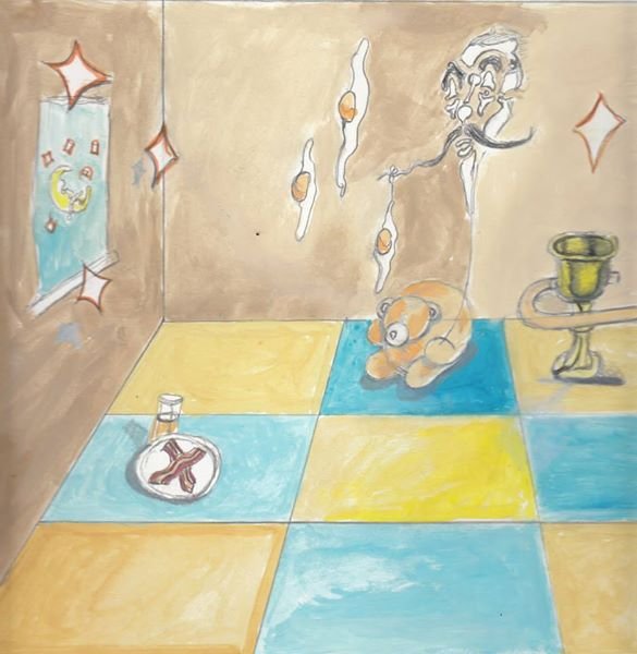 wgiGuff in surreal room with Dali face and melting overeasy eggs dripping from the air