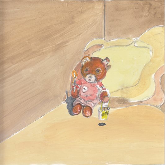 Teddy Bear eating honey on bed