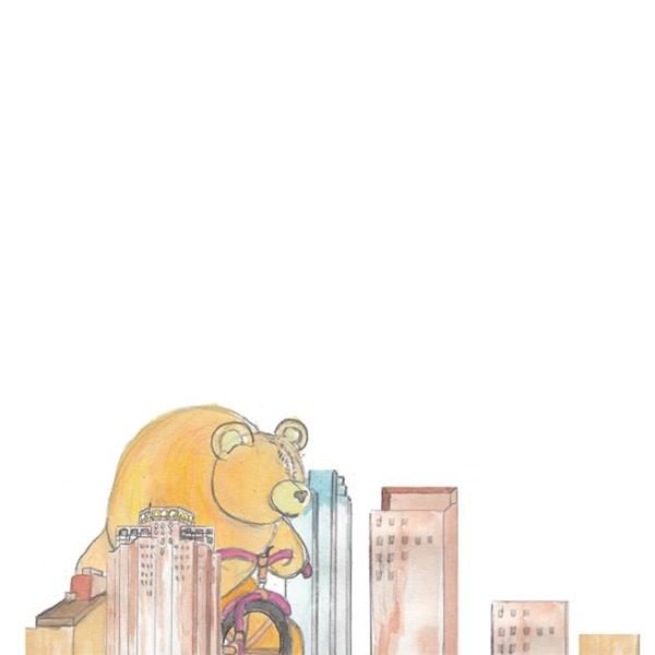 Guff a giant teddy bear on a giant tricycle riding over Boston