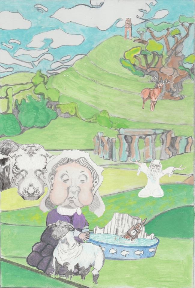 English Country Side with Queen Victoria, Big Ben, Stonehenge, and Glastonby Tor