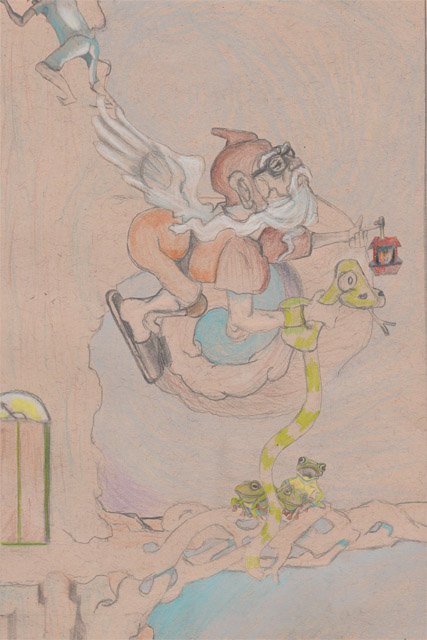 Silver Smith holding lantern and snake flying through branches
