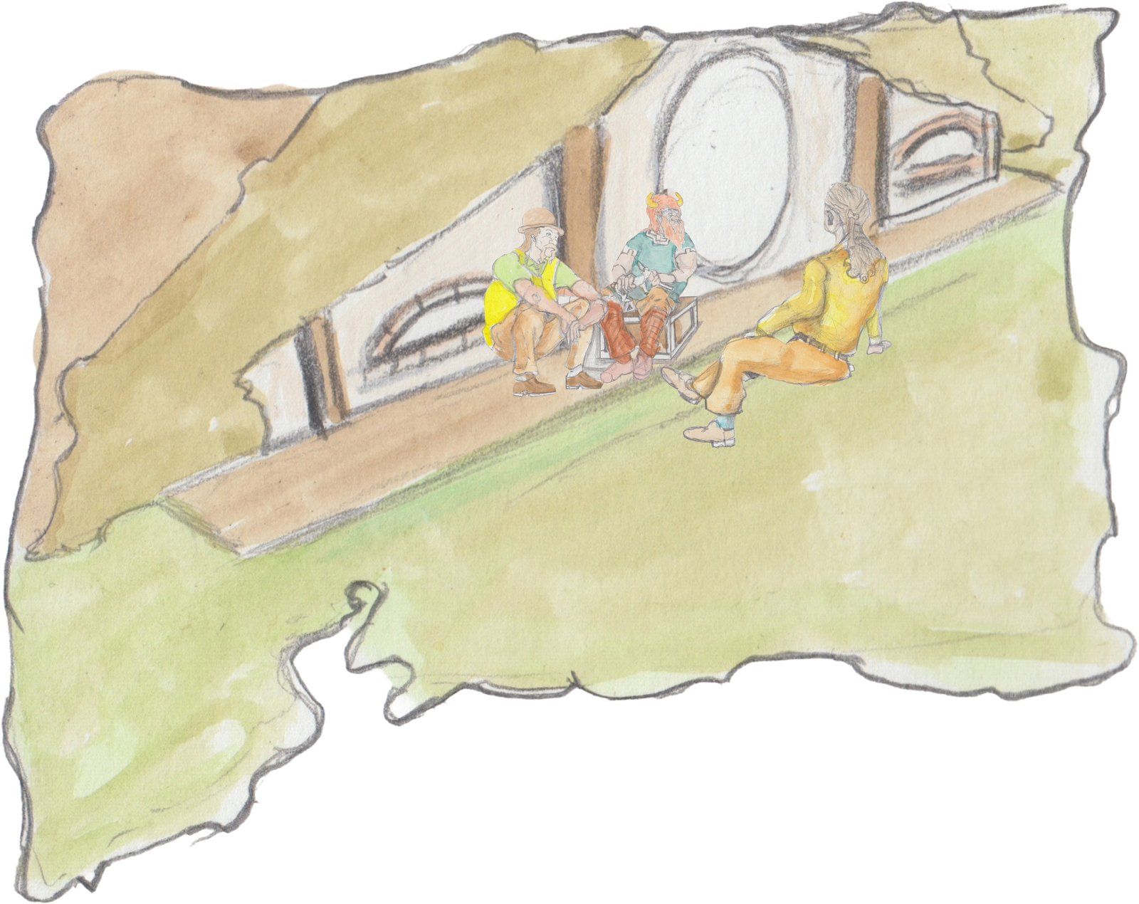 View on Bjorn's house built into the hill with Bjorn, Hultpon, and Hm on the porch. 