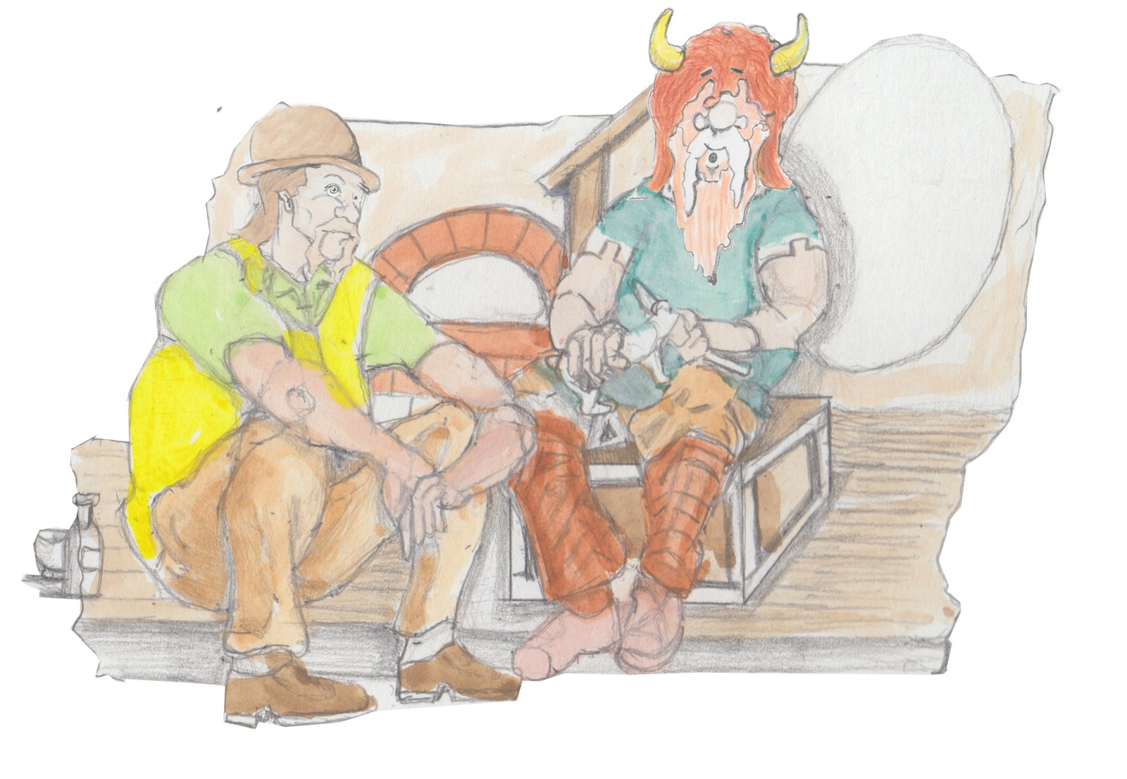 Hulton and Bjorn sitting on the porch with Bjorn whitling.