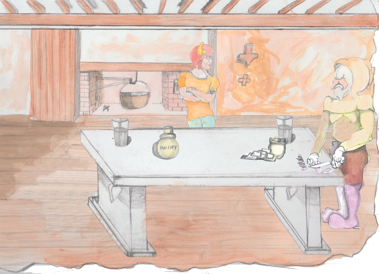 Karl still cutting sausage with Angroboda on the far side of the table again with her arm's crossed looking to her left over him.