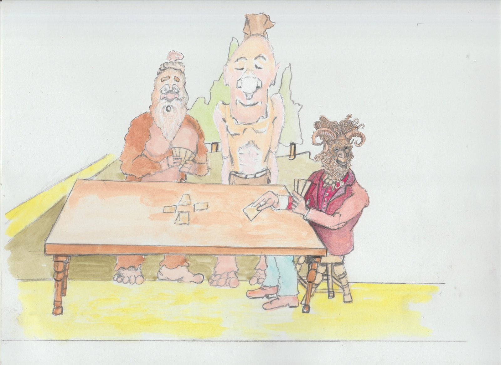 Bjorn, Pops, and Hulton in clearing in the woods with a campfire.