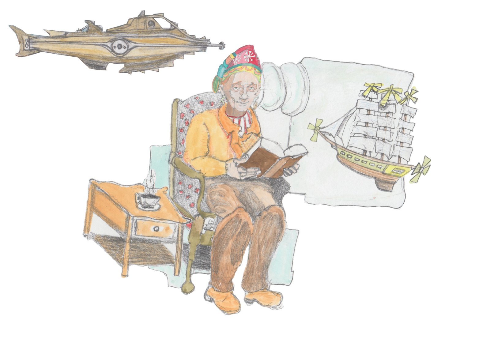 John Bowker sitting in hi chair with a tea on a low table next to him reading Jules Verne thinking of the Nautilus and the flying tallship.