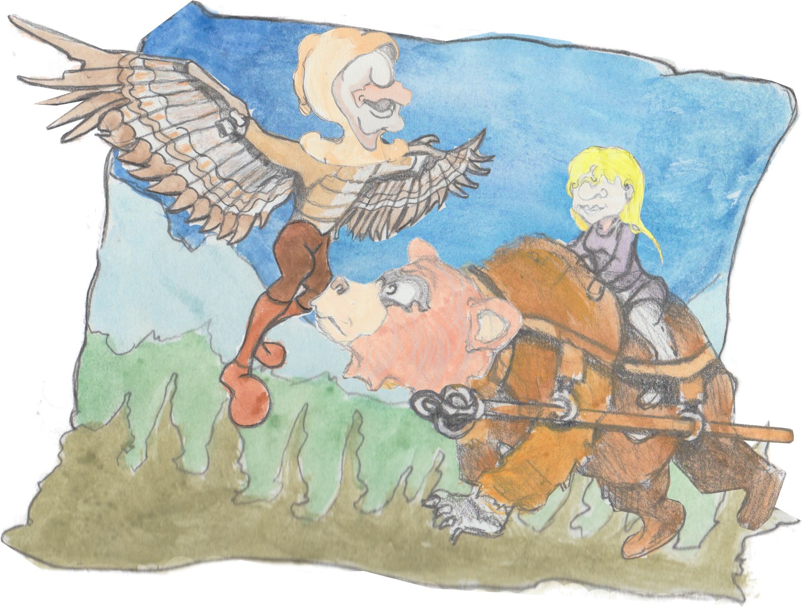 Bosco starring at Karl flying with falcon wings.