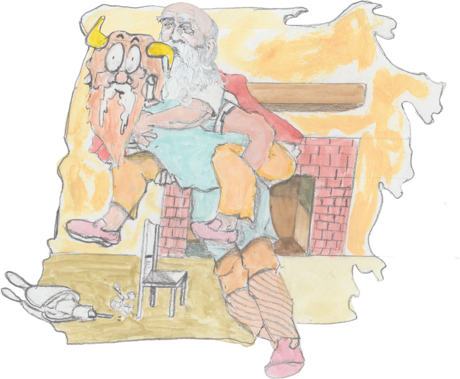 Bjorn with a very excitable comic Looney Tune expression carrying an old man on his back with the crimson mantle leaving afire with a fireplace behind them.