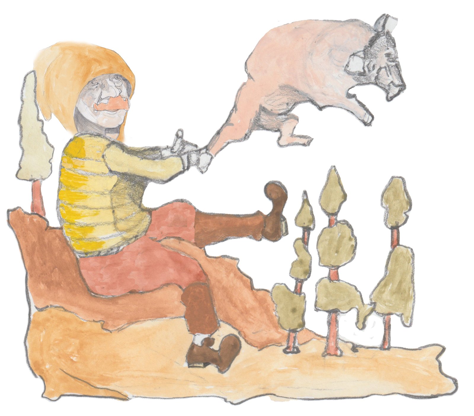 Karl stealing a pig and falling over in the wood still holding it.