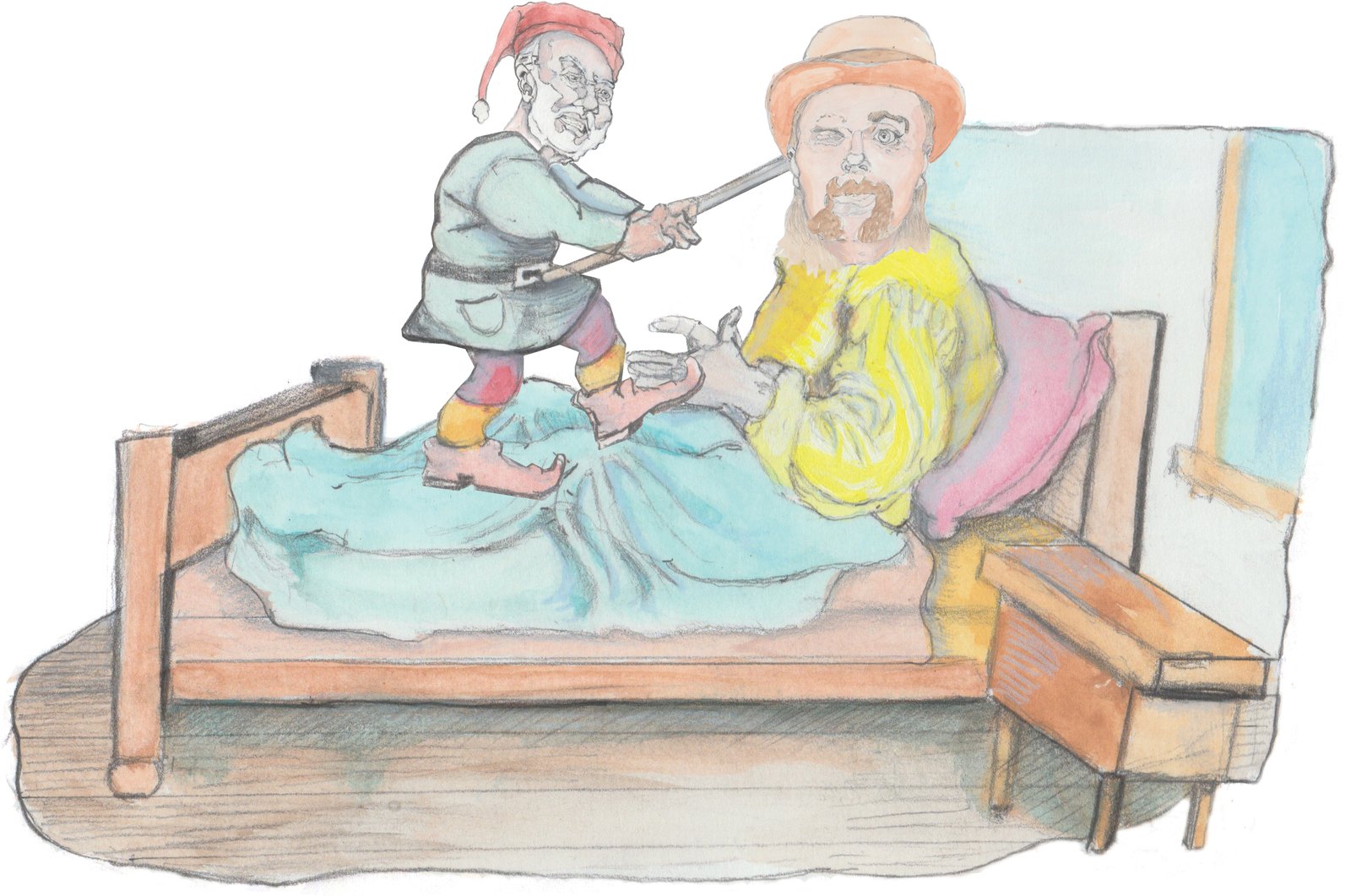 Hulton in his night shirt and bowler hat running from bedroom throwing the nail.