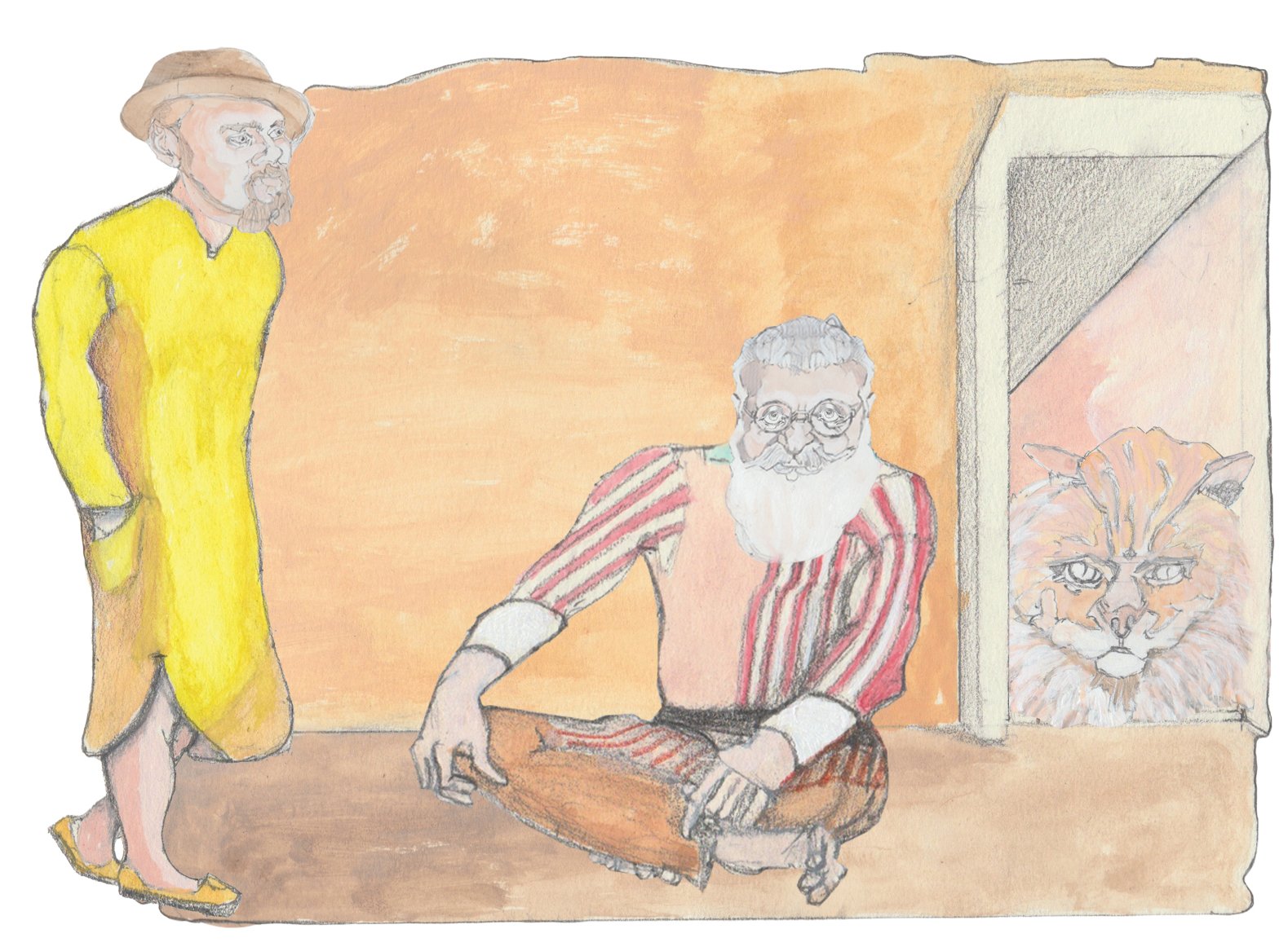 Hulton looking at Cheshire grin in the break of the stairs with Door Slammer on the floor looking at you.