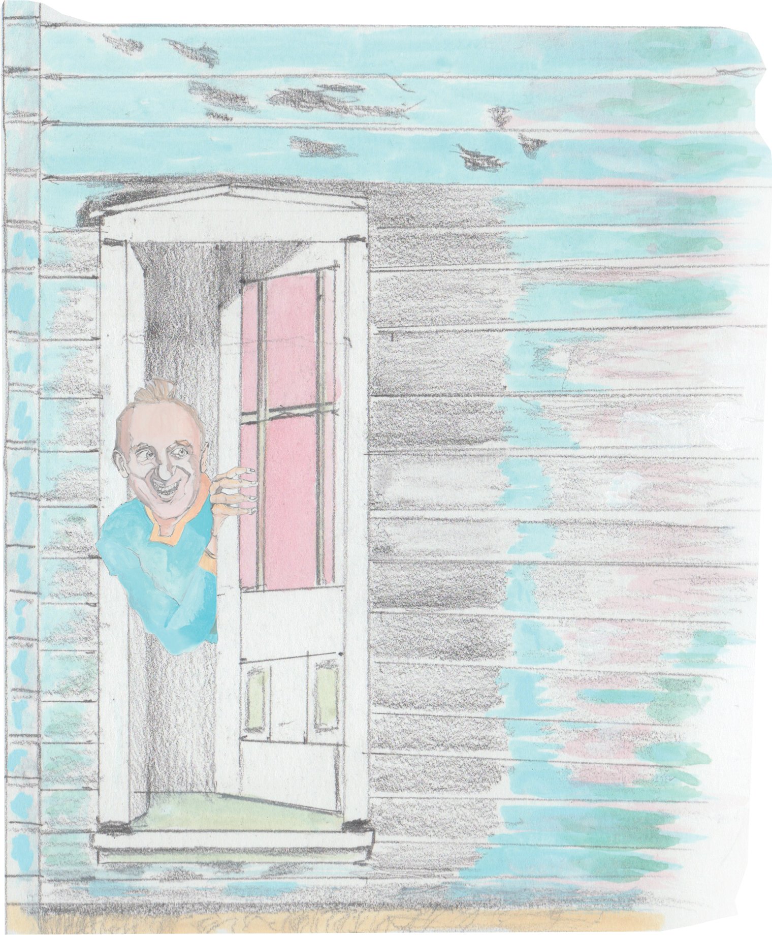 Door Sniffer sneaking out of crack of door in a house.