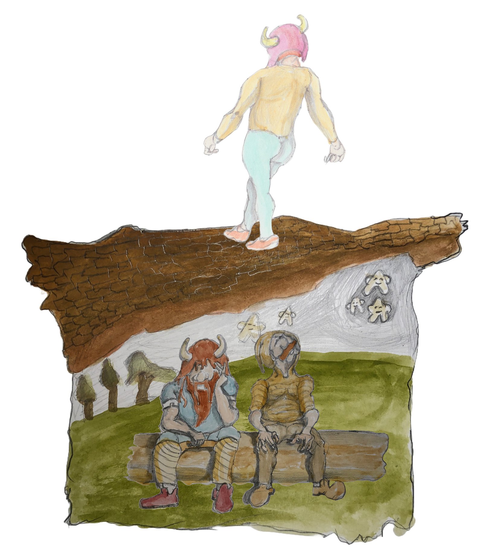 Angrboda walking on atree branch as Karl and her father Bjorn talk about her below.