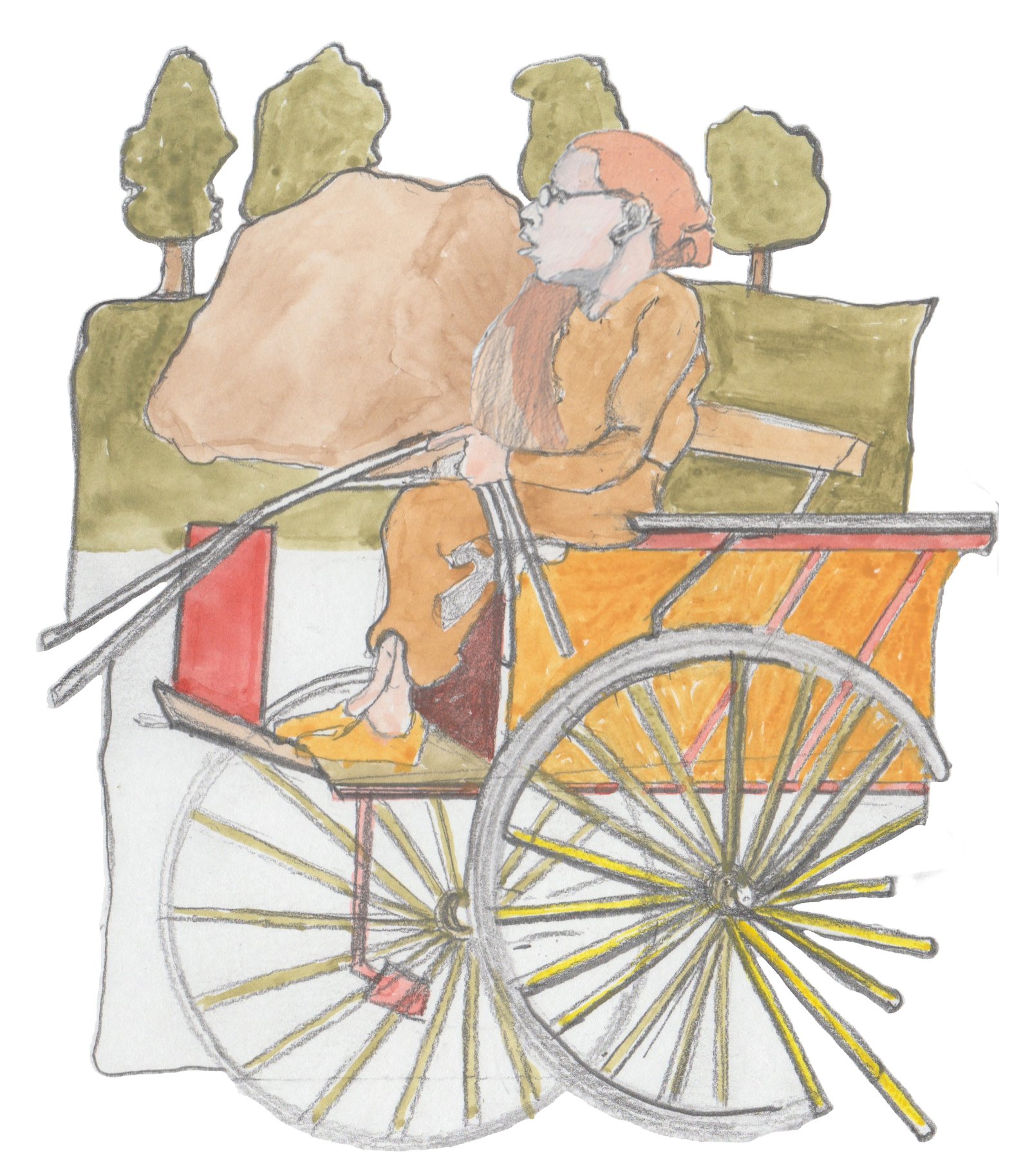 Peggy Clevenger in a fancy wagon with Boulder to her right.