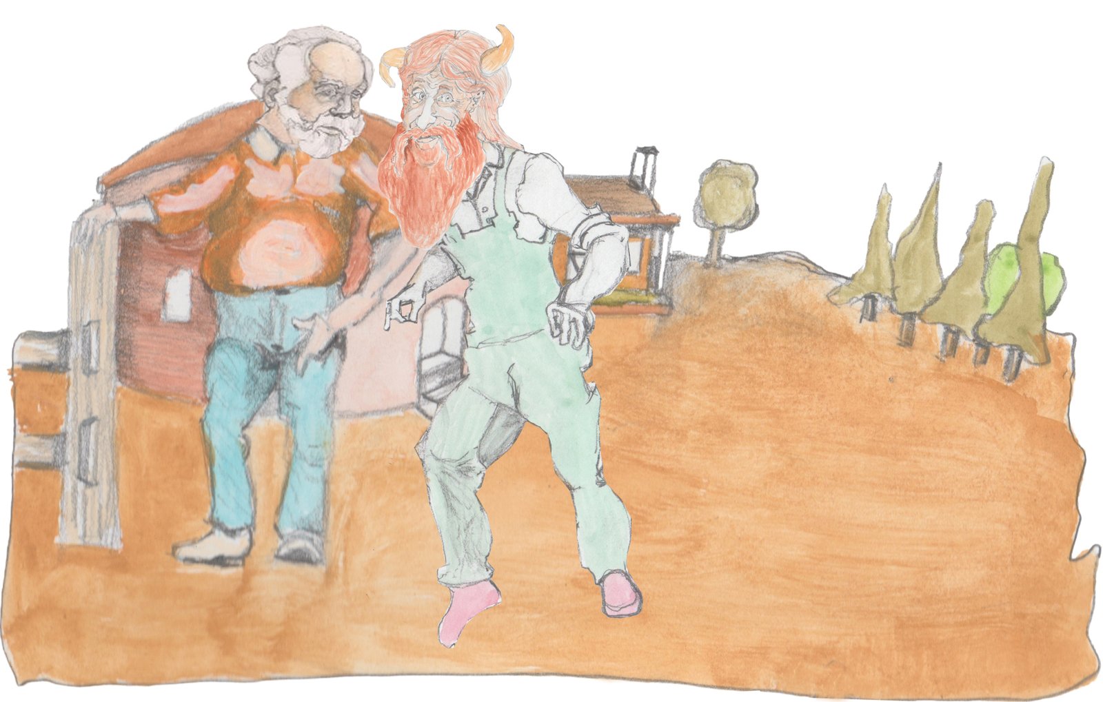 Gramps talking to Frank while he is leaning on fence in front of the Brick kiln with the Pine Tavern in the background with woods in the distance.