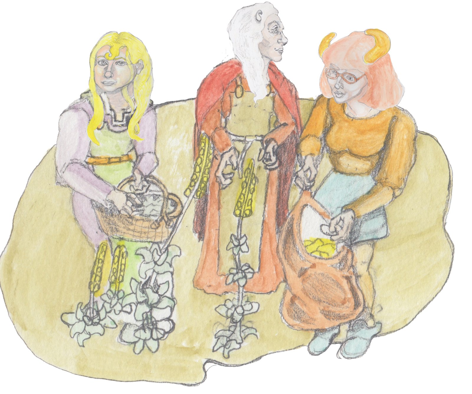 Helgi, Grams, and Angrboda picking herbs.