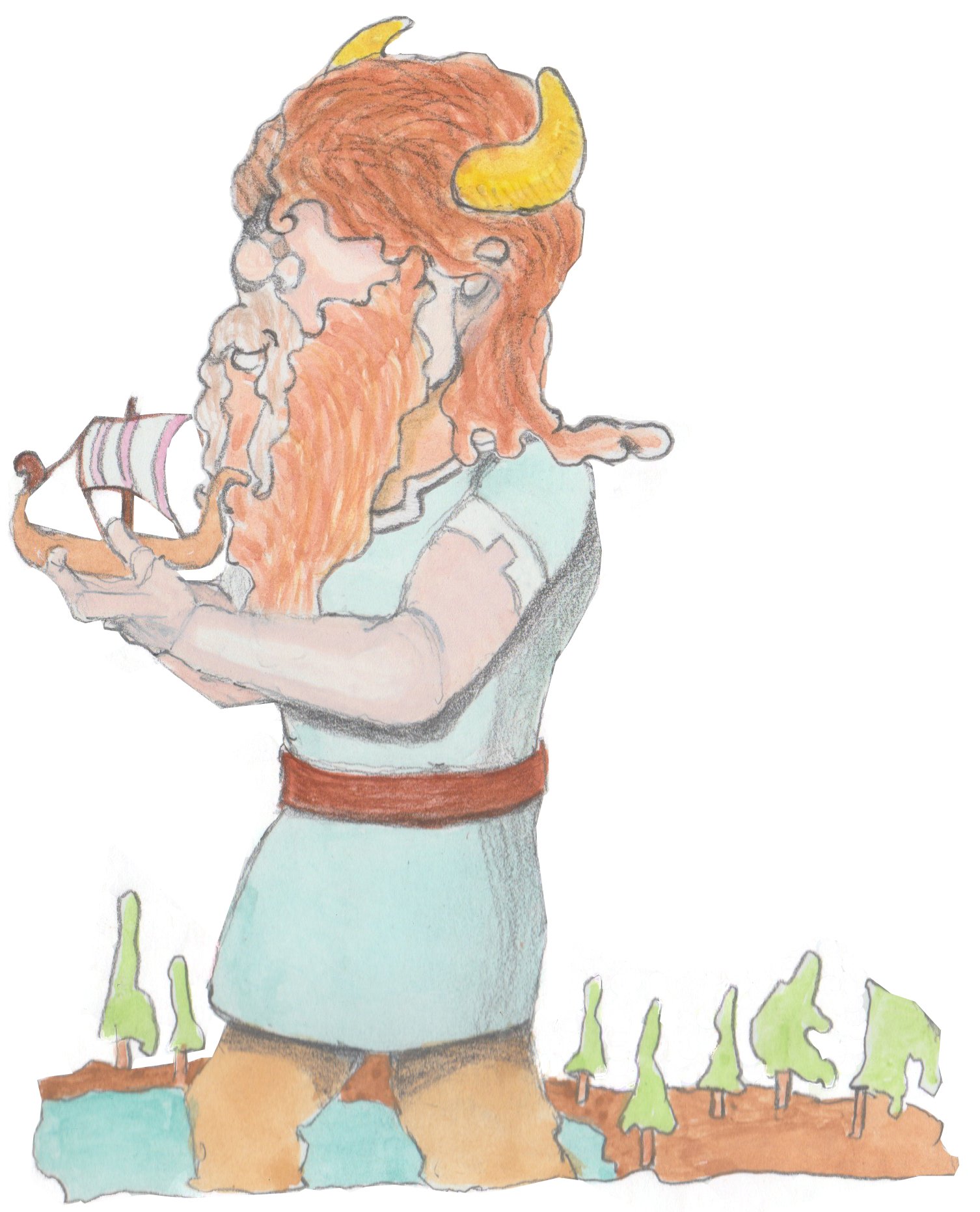 Bjorn holding the ship in his hand as he towers over the trees by the side of thew disappearing Pond.