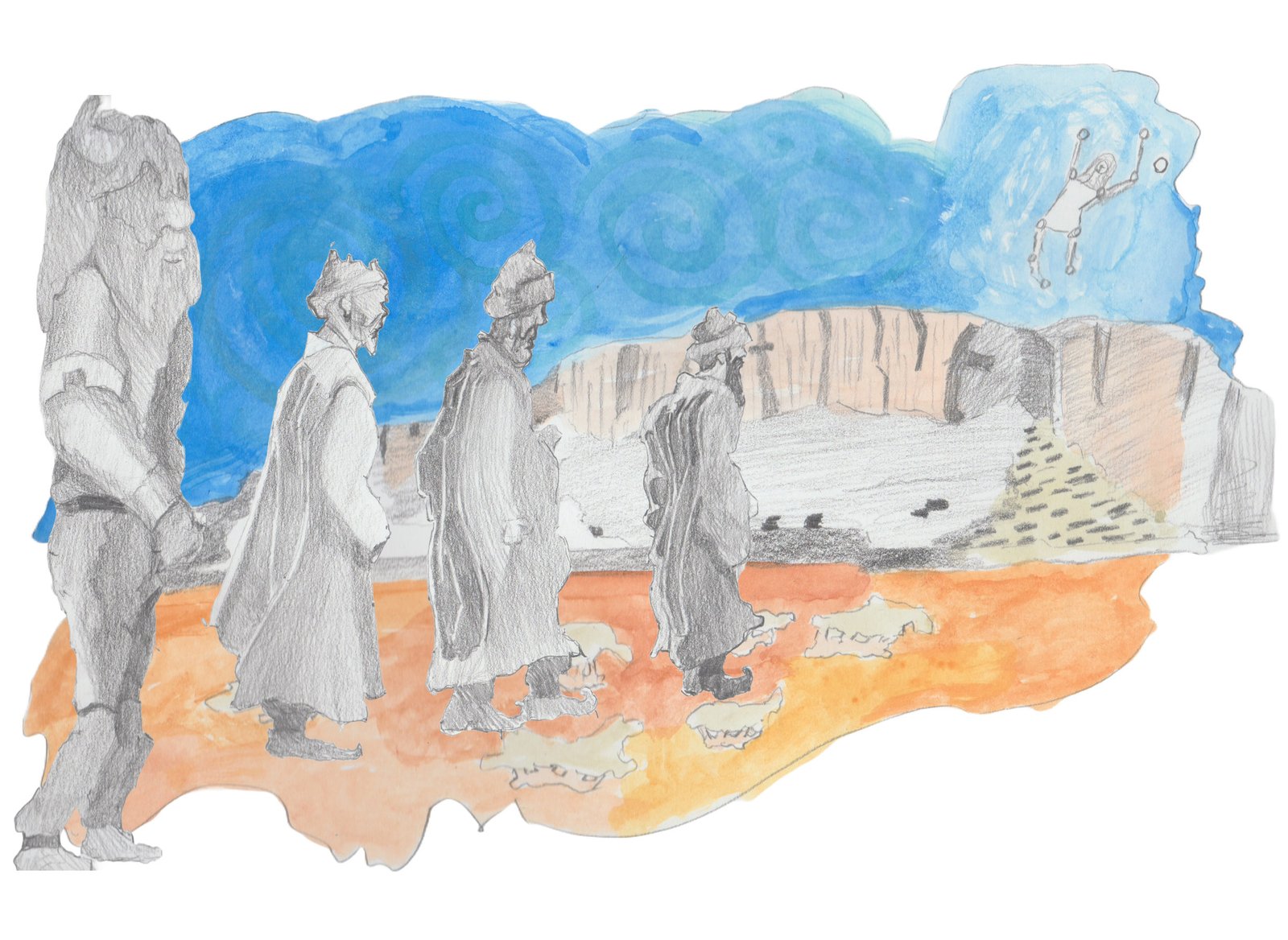 Bjorn the Nattroll walking with the Three Wisemen in a desert with mountains and the constellation Virgo and Jupiter in the sky.
