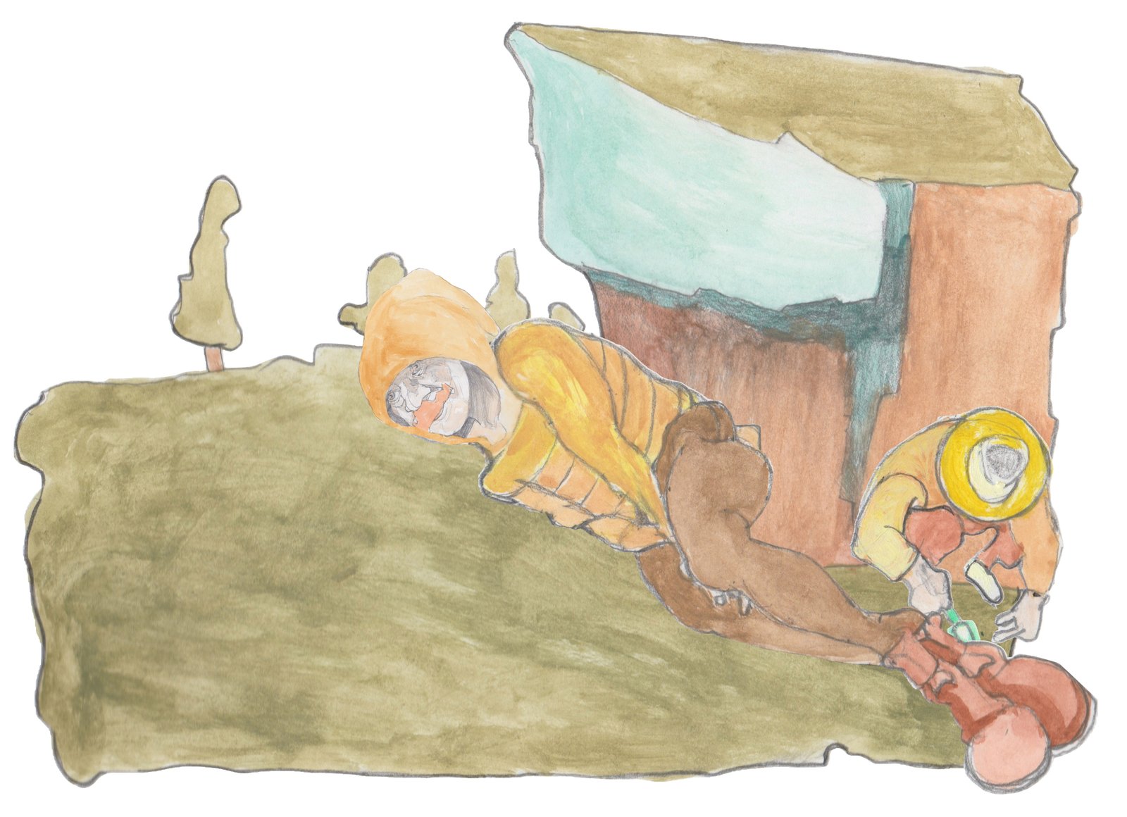 Karl asleep under ridge while an archeologist investigate hi find.