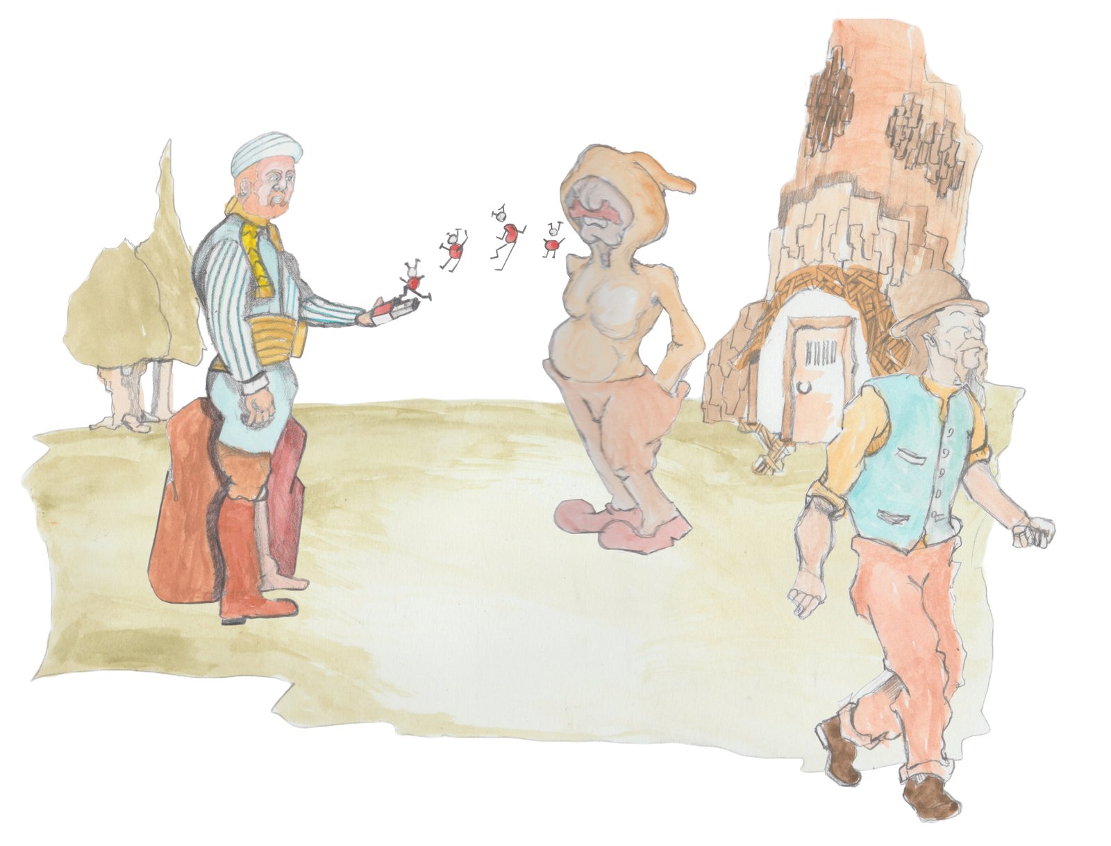 The Mullah standing next to a bag of gold holds out a matchbox that a family of fleas jump into off of Karl and Hulton walks away.