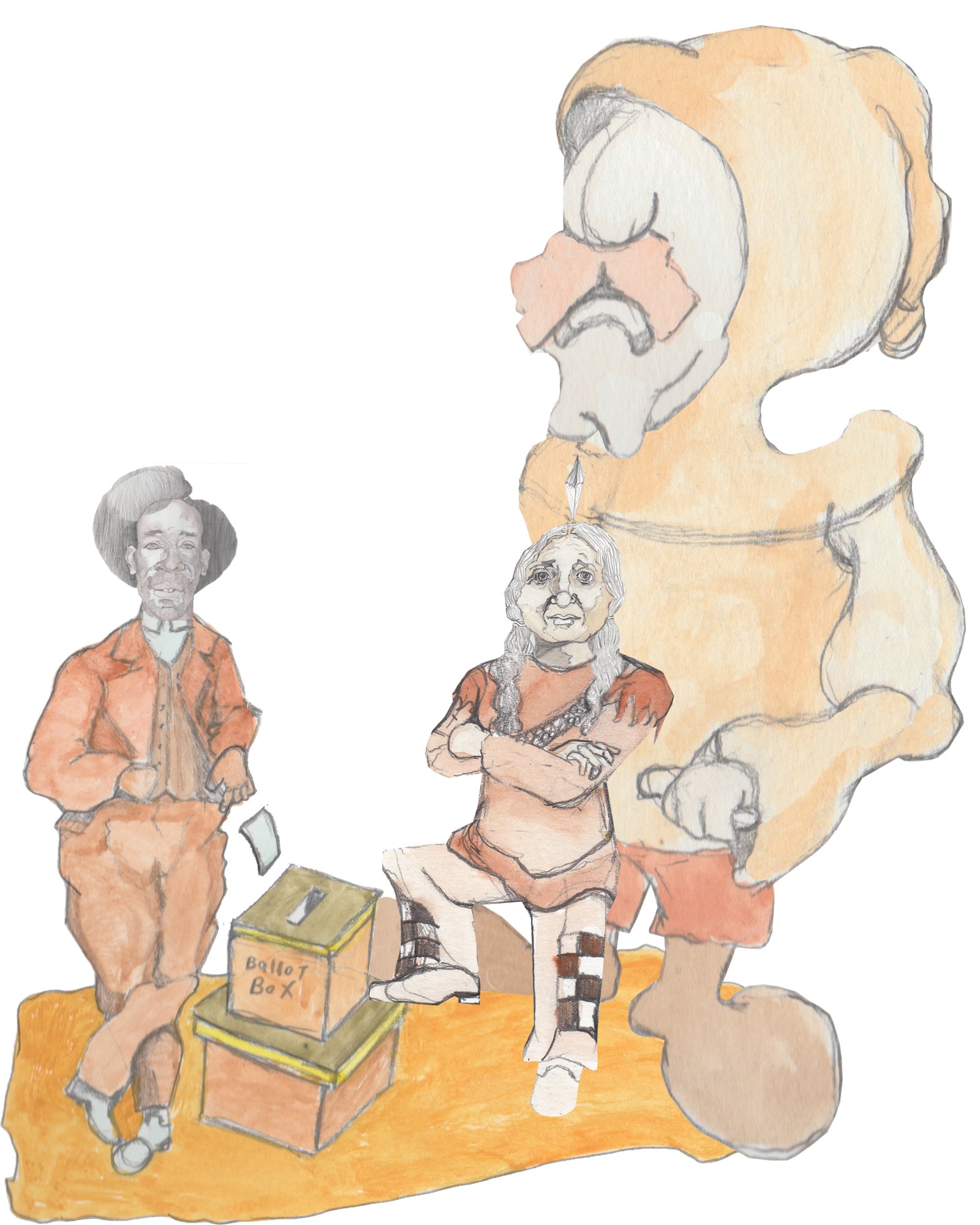 Karl in gigantic form standing behind a Native American and African gentleman placing ballot in a ballot box on top of a second box.