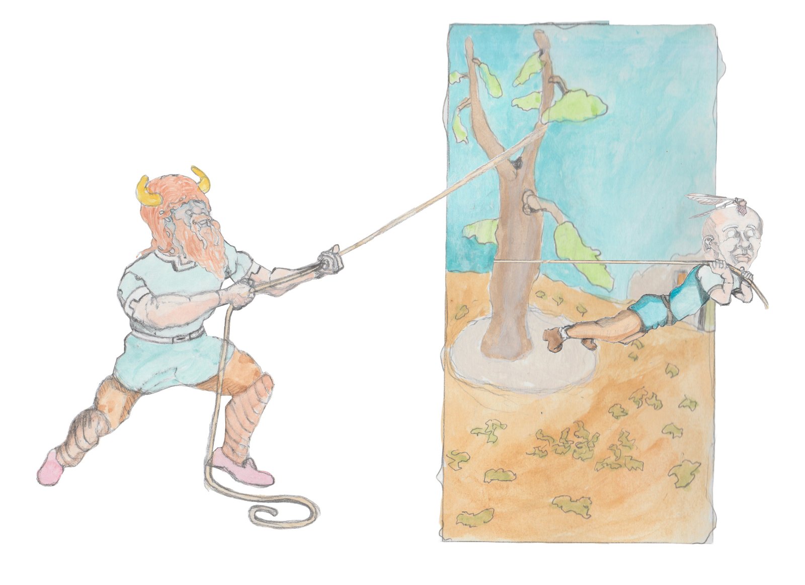Bjorn and Pop-Pops forking the top of a pitch pine by pulling on ome ropes.