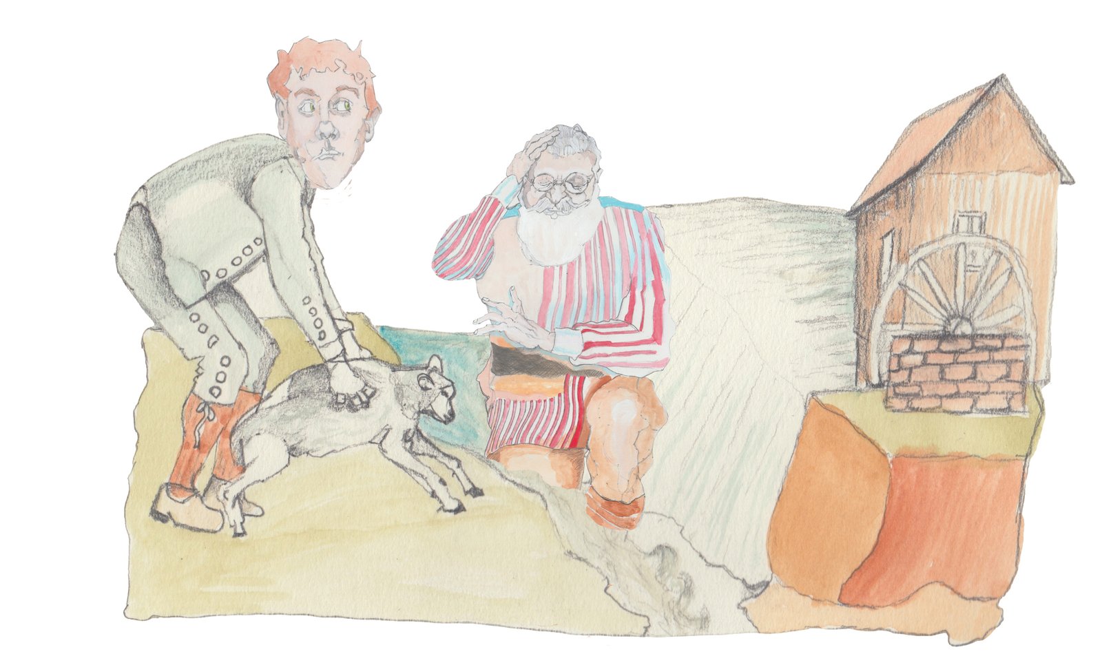 Sammy Buck giving Fossegrim the lamb as the troll came out of the falls with a gristmill behind him.