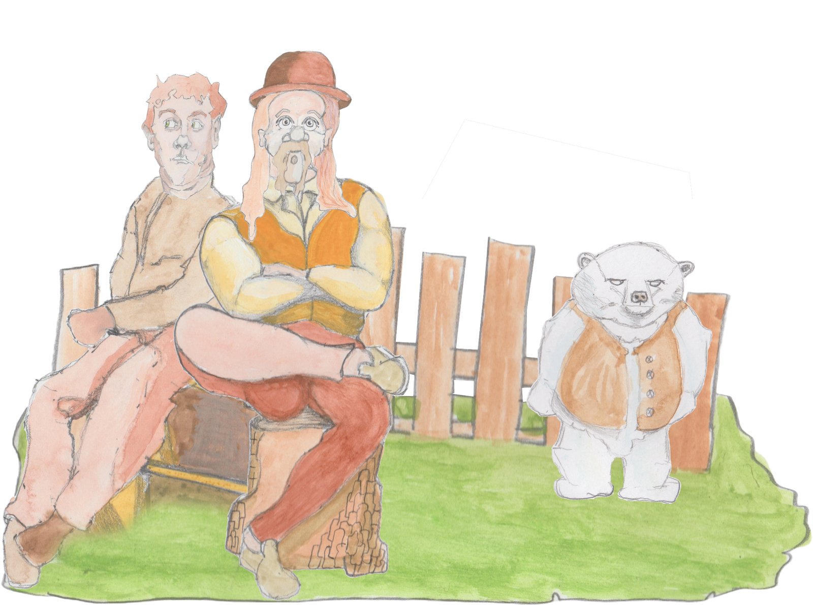John Bowker and Hulton sitting next to fence with Hulton's bear spirit in a vest behind them.