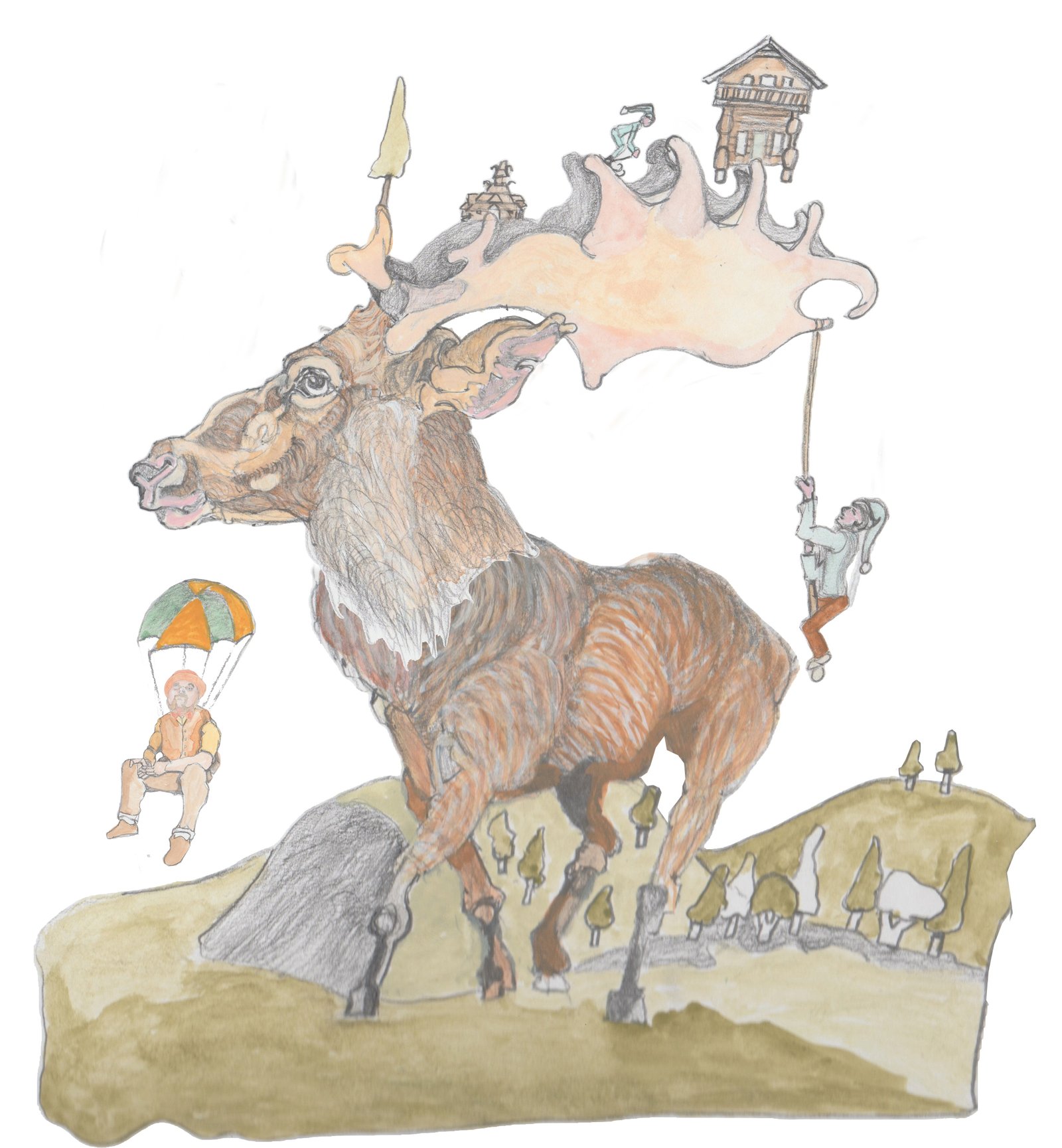 Dvalinn larger than life with a few houses on his antlers, a man kiing, and a man climbing back down o the ground on a rope.