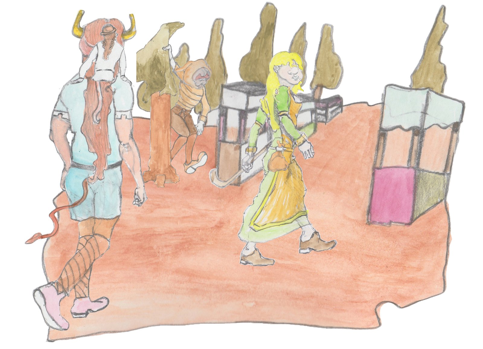 karl sneaking away from carnival booths with Helgi looking for him and Hulton on Bjorn's shoulders walking behind Karl.