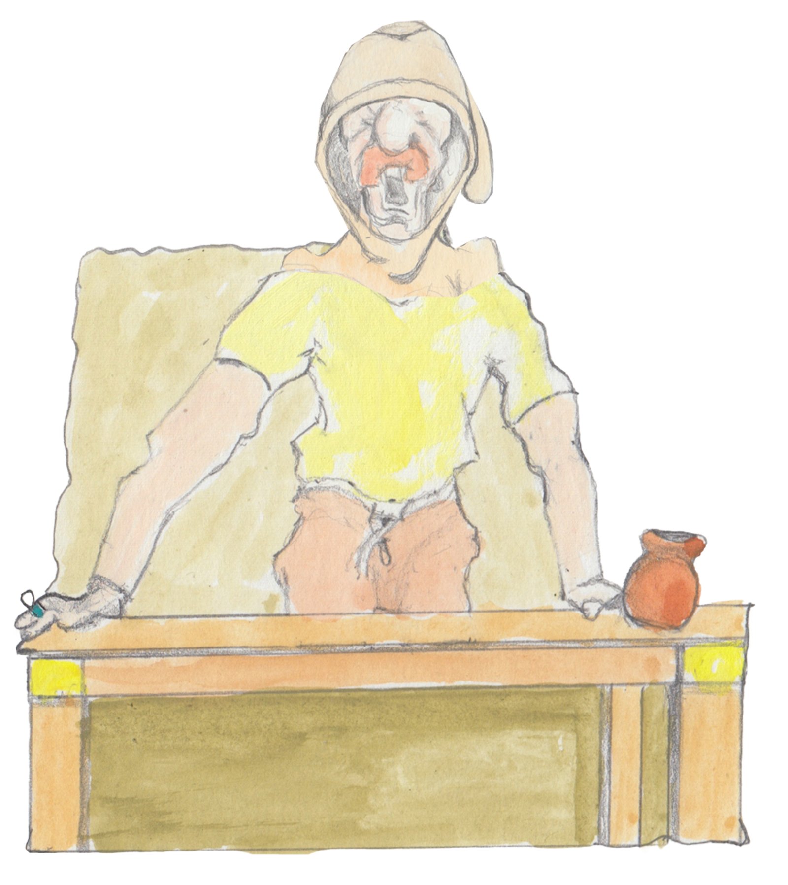 Karl yelling with spread hands on his kitchen table with a vase.