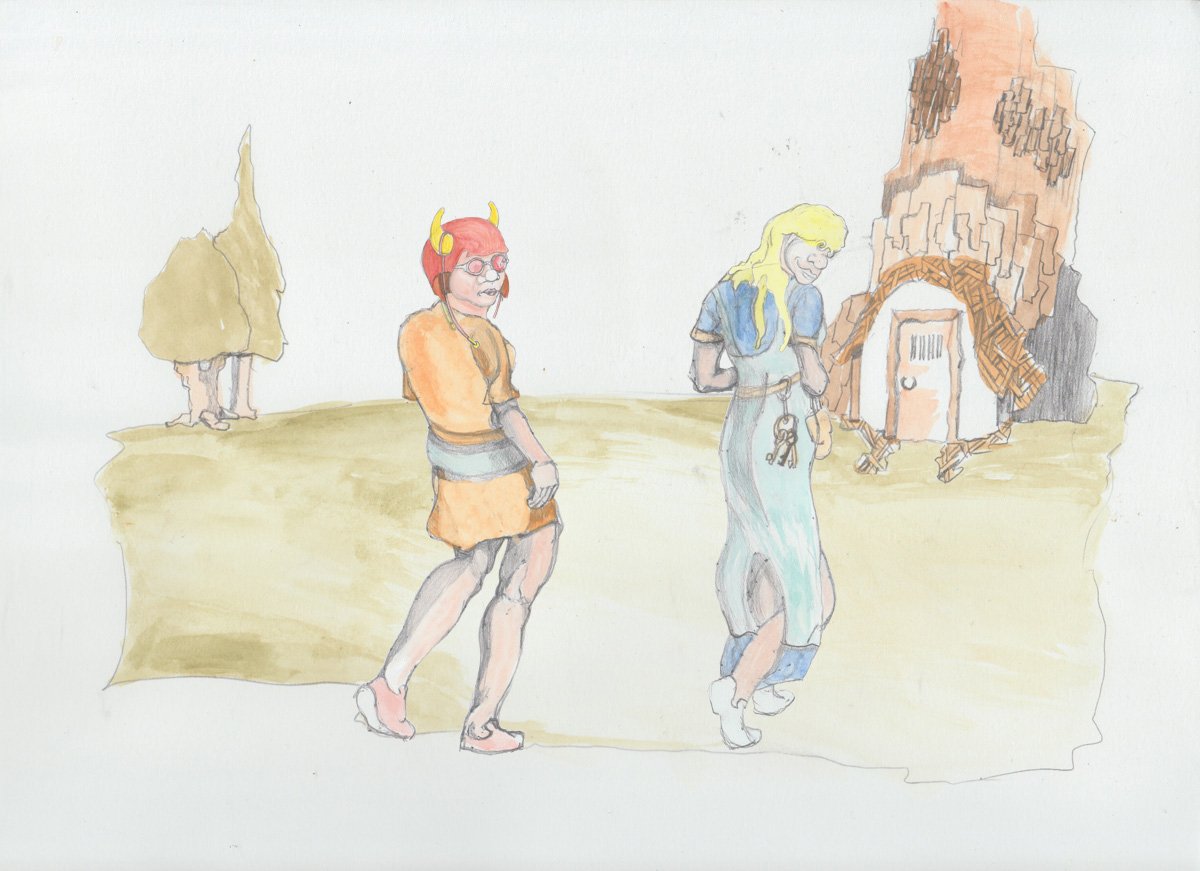 Helgi and Angrboda walking to Karl's house in the old tree.