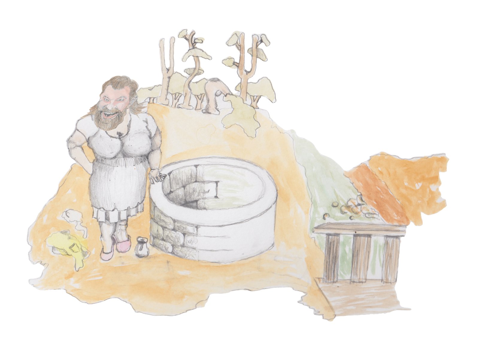 Gusir took off head wrap to reveal himself next to the well.