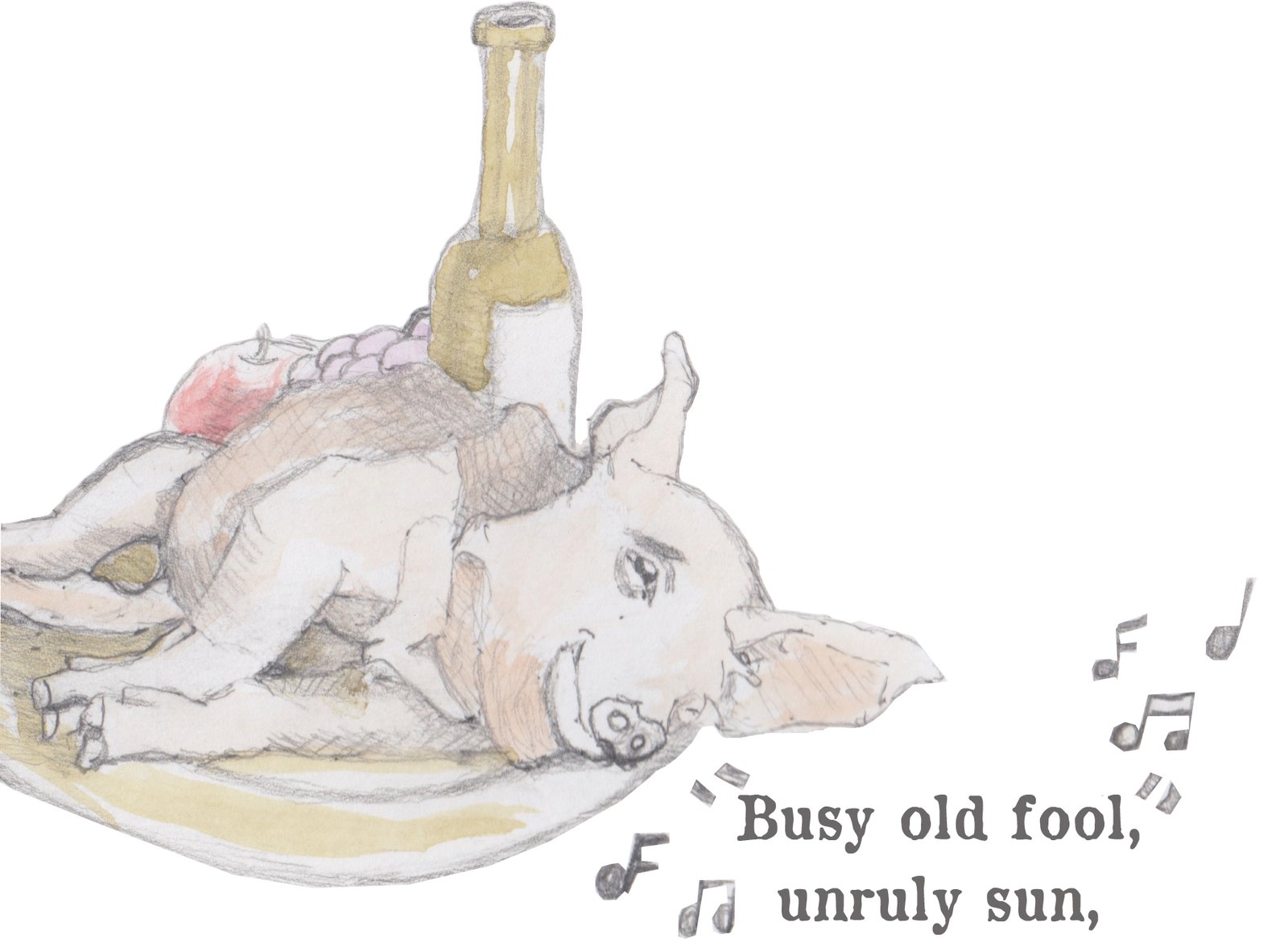Pig on platter quoting John Dunn with a bottle of wine, grapes, and an apple behind him.