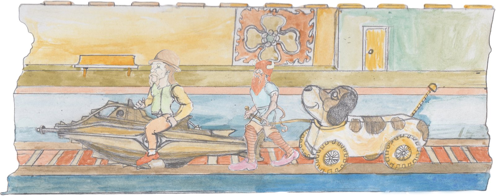 Hulton is riding in front the Natilus with Bjorn pulling a Fischer Price toy dog on wheels behind him on the subway tracks with a tile mosaic of a flower on the wall behind a bench near the elevator door.