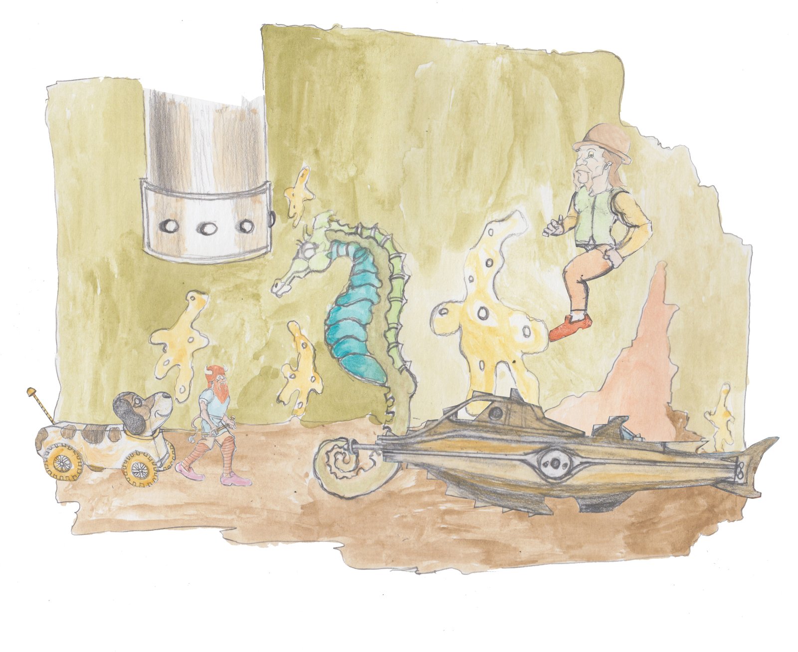 Now underwater, Hulton floats off the sub and Bjorn is still pulling his dog as a giant starfish watches in a star shaped kelp jungle. Bjorn and Hulton look at a pipe leading above.
