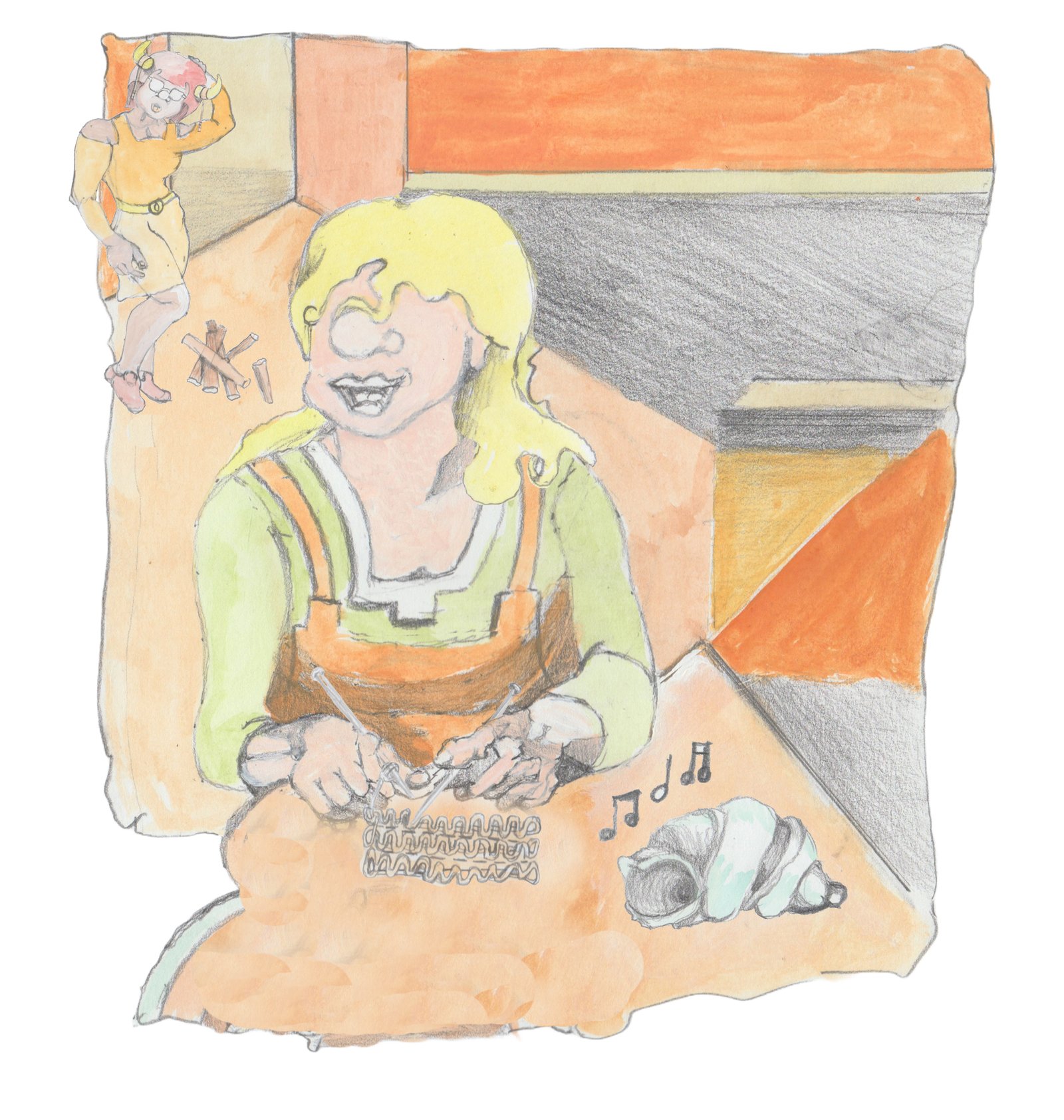 Angrboda dropping her firewood as Helgi looks over her shoulder from knitting smiling.